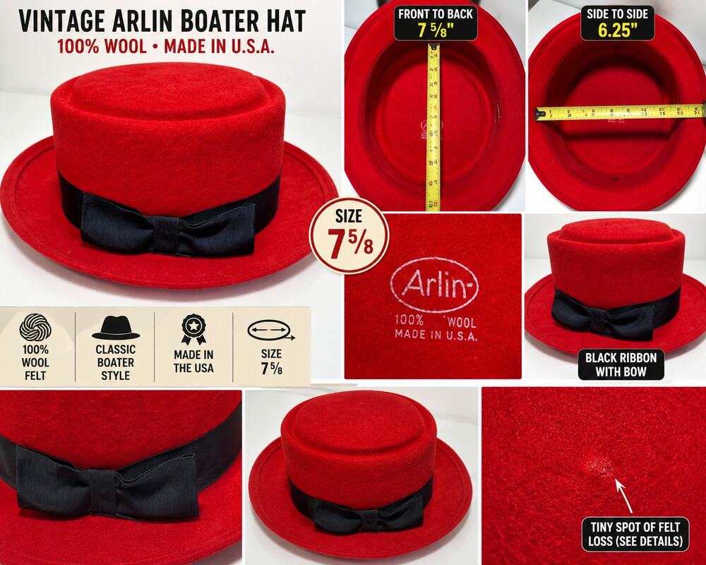 Arlin Red Wool Felt Boater Hat Black Ribbon Bow USA 7 5/8